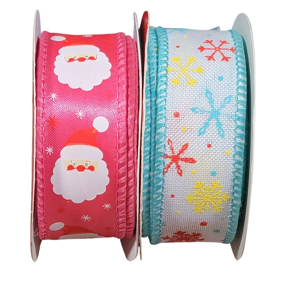 Christmas Wired Edge 1" Ribbon Lot of 2 8 Yds Santa Snowflakes Wreath Crafts DIY